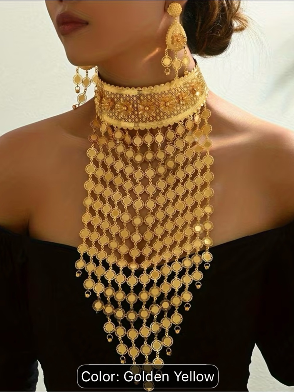Gold-Tone Statement Choker Necklace with Layered Coin Fringe